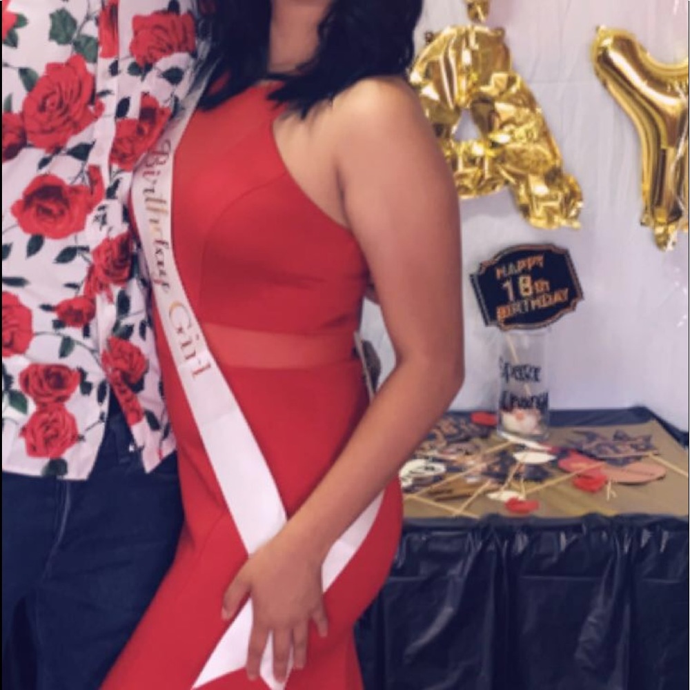 RED MESH PROM DRESS - Picture 2 of 2